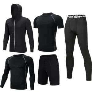 5 Piece Active Athletic Running Clothing Compression Hoodies T Shirt Shorts Leggings Quick Dry Gym Wear Fitness Sets for Men