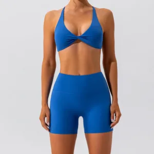 Hot Sale Workout Front Halter Sports Set High Waist Booty Exercise Pleated Gym Solid 2 Piece Twist Yoga Outfit for Women