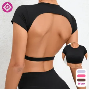 Padded Workout Crop Tops Women Sexy Back Open Athletic Short Sleeve Shirts Fitness Sports Bra