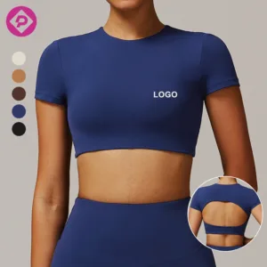 Custom Backless Workout Hollow Built in Bra Crop Top Short Sleeve Fitness Active Tshirt Women Gym Sports Top
