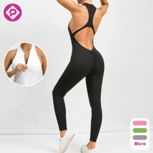 Custom Logo Activewear Zipper Yoga Clothing Sports Workout Jumpsuit Hollow Back Running Fitness Yoga Bodysuit for Women