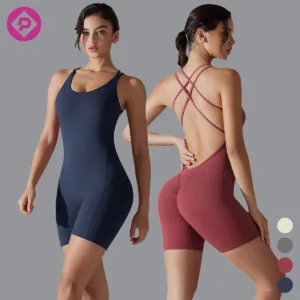 Women Cross Back Sleeveless Yoga Jumpsuit Lady Scrunch Butt Gym Bodysuit Abdomen Shaping Sports Jumpsuits