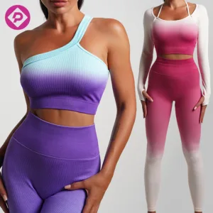 Women Workout Clothing Gym Fitness Sets One Shoulder Sports Bra Shorts Gradient Seamless Yoga Set