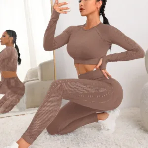 Women 2 PCS Yoga Set Seamless Gym Leggings Workout Clothes Active Wear Raglan Sleeve Sports Set