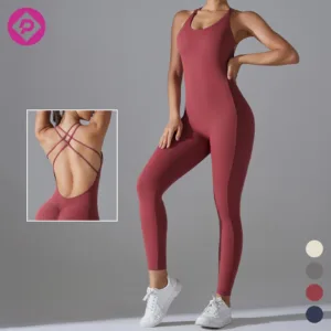 Long Fitness Scrunch Butt Sportswear Bodysuits Workout Cross Back Female One Piece Gym Yoga Jumpsuits