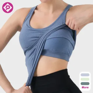 Double Layer Ribbed Summer Ladies Yoga Racer Back Vest Sports Fitness Workout Tank Top With Chest Pad