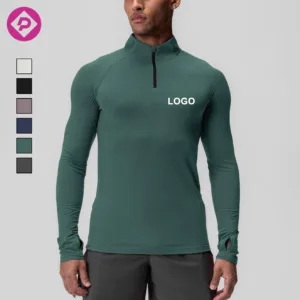Custom 1/4 Zip Stand Neck Full Sleeves T Shirt Fitness Quick Dry Men's Long Sleeve Gym Tops with Thumb Hole