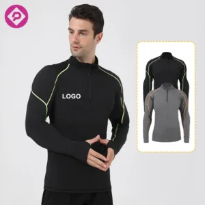 Quarter Zipper Turtleneck High Elastic Quick Dry Top Gym Wear Fitness Compression Long Sleeve Shirts with Thumb Hole