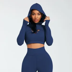 In Stock Long Sleeve Sports Hollow Out Gym High Waist Yoga Sets Mesh Solid Hooded Knitted 3 Pieces Yoga Outfit for Women