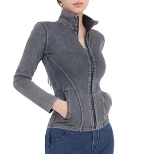 Custom Women Sportswear Outfit Slimming Shaping High Dollar Workout Running Top Gym Denim Jean Yoga Full-Zip up Jacket