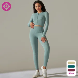 Ribbed Zipper 6 Pcs Active Wear Fitness Seamless Yoga Set Sports Bra Leggings Workout Sets for Women