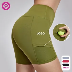 Breathable Mesh Patchwork Women's Anti-bacterial Biker Shorts Tennis Slim Fit Yoga Shorts with Side Pockets