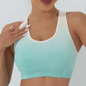 Custom Logo Women Sport Bra Modest Quick Dry Workout Color Block Gradient Padded High  Running Yoga Bra