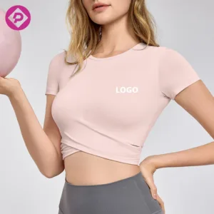 High Stretch Custom Logo Cross Front Pilates Crop T-shirts Plain Short Sleeve Tight Yoga Top for Women