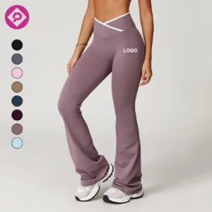 Custom Logo V Waist Workout Flared Yoga Pants Tights Athletic Four Way Stretchy Nylon Yoga Leggings