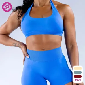 High Quality  Women's Workout Sport Bra Seamless Halter Neck Crop Top Built in Shelf Solid Yoga Bras