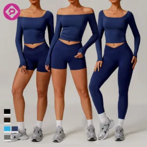 Sexy Off Shoulder Tight Sports Crop Tops for Women Square Collar Long Sleeve Yoga Top With Chest Pads