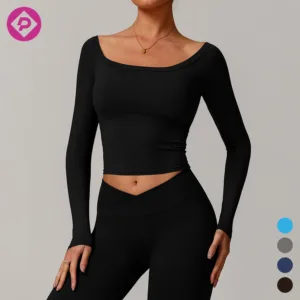 Square Collar Long Sleeve Tight Top With Chest Pads Sports Crop Tops Off Shoulder Yoga Tops for Women