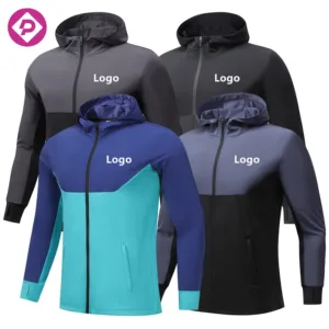 Color Blocking Men Outdoor Jacket Long Sleeve Full Zip Athletic Sportswear Running Fleece Hooded Jackets