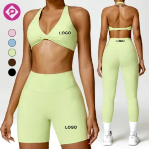 Blank Sweat-wicking Backless Halter Sports Bra Compression Gym Yoga Shorts Leggings Women 3pcs Yoga Sets