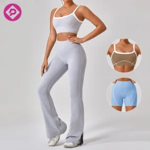 Split Bottom No Front Seam Sportswear Flared Yoga Bras Legging White Side Line Gym Women Yoga Sets