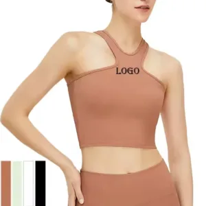 Custom Logo Nylon Ladies Yoga Halter Sports Bra Top Neck Raceback Workout Fitness Slim Fit Ribbed Crop Top for Women
