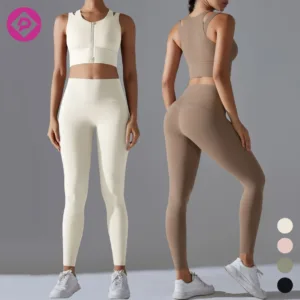 2PC Women Workout Sport Gym Wear Yoga Suit High Waist Leggings Front Zipper Crop Top Bra Fitness Yoga Set