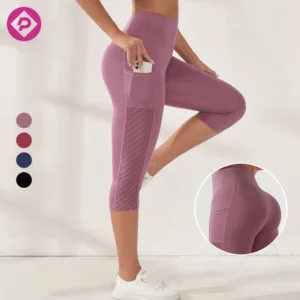 3/4 Length High Waist Capris Exercise Mesh Leggings Custom Fitness Tights Breathable Workout Yoga Pants with Pockets