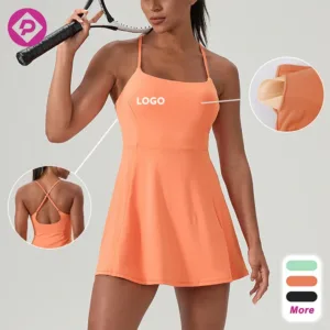 Outdoor Golf Sportswear Cross Back One Piece Athletic Skirt Suspender Padded Tennis Dress for Women