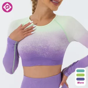 Women Gradual Change Soft Sports Wear High Quality Tight Long Sleeve Shirts Gym Running Yoga Crop Top