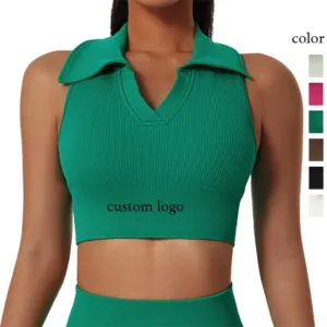 Custom Fitted Crop Top Built in Bra Ribbed Athletic Sleeveless Collar Seamless Knitted Fabric Sports Vest Yoga Crop Top