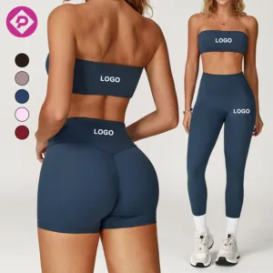 Backless Workout Activewear Yoga High Waist Fitness Shorts Tube Sports Bandeau Gym 3 Piece Women Yoga Set