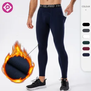 Fleece-lined Men Sports Leggings Ultra Soft Thermal Underwear Compression Active Bottoms With Pocket
