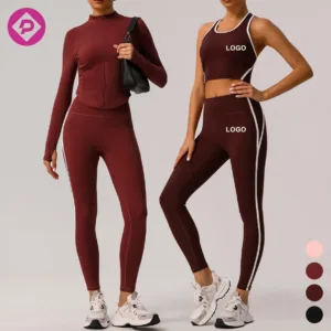 Wholesale Fitness Apparel Womens Gym Sportswear Athletic Workout Vest Legging Jacket 3 Piece Yoga Set