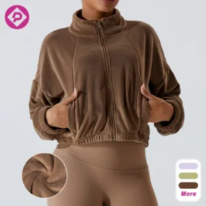 Women Winter Warm Fleeced Yoga Jacket Stand Collar Front Zipper Custom Logo Casual Outdoor Coats for Training