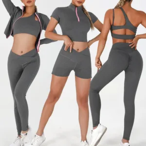 5 Piece Women Sweat Suits V Neck High Waist Leggings One Shoulder Bra Adjustable Shorts Workout Seamless Yoga Sets for Women