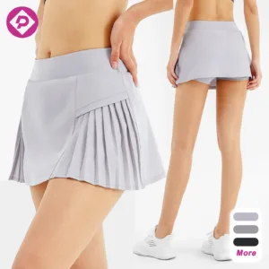 2 in 1 High-Waist Breathable Pleated Sports Fitness Solid Shorts Tennis Skirts With Inner Pocket