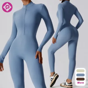 One Piece Jumpsuit Work Out Set Outfits Workout Blank Long Sleeve Fitness Women Bodysuit With Zipper