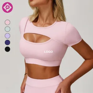 Custom High Quality Workout Yoga Short Sleeve T-Shirt Hollow Tight Shockproof Sports Gym Running Fitness Sports Top