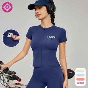 Women Tight Zipper Outdoors Cycling Shirts Short Sleeves Sportswear Gym Fitness Yoga Top with Back Pocket