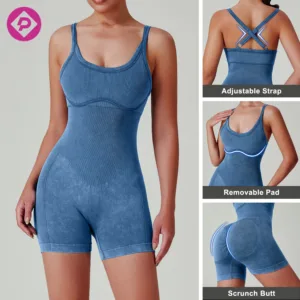 8 Colors Acid Wash Women Skinny High Elasticity Short Bodysuit Yoga Sports Workout Gym One Piece Jumpsuits