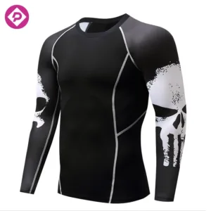 Skull Print Wholesale Mens Rash Guard Sweat Absorbing Base Layer Quick Drying Fitness Sports Basic Running Gym T-shirts