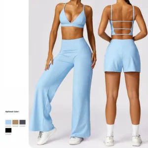 Custom Logo 4 Piece Women Sports Bra and Leggings Set Quick Dry Backless Tight Seamless Ribbed Yoga Set