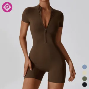 Wholesale Nylon Workout Fitness Bodysuit Workout Women Gym Shorts One Piece Half Zipper Yoga Jumpsuits