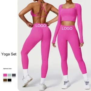 Winter Ladies Workout Slimming Fit Long Sleeve Two Piece Set Sanded Fabric Yoga Suit Set for Women Outdoor Gym Fitness Wear