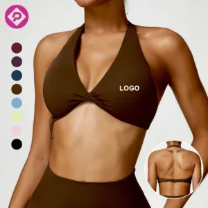 Gym Training V Neck Front Twist Halter Neck Sports Bra Crop Top Women Elastic Backless Yoga Bra with Pads