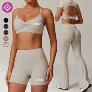 Custom Logo Nude Tight Gym Yoga Wear Fitness Sports Bra Leggings 5 Pcs Solid Blank Workout Sets for Women