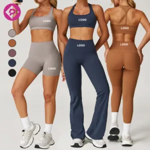4 Pcs Women's High Waist Nude Cross-Border Beauty Breathable Yoga Suit Hip Lifting Tight Wide Leg Pants Yoga Sets