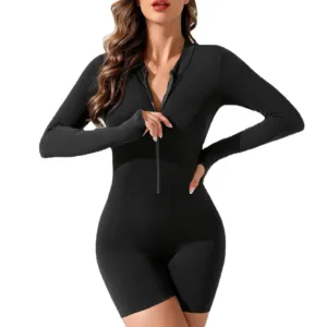Custom Women One Piece Bodysuit Jumpsuits Long Sleeve Front Zipper Tight Slim Fit Yoga Wear Seamless Bodysuits