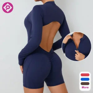 Wholesale Women Long Sleeves Bodysuits Sexy Hollow Back Onesie Shorts Nude Feeling Skin Friendly Breathable Yoga Jumpsuits